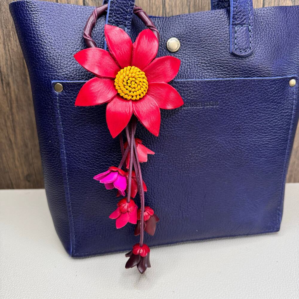 Red Leather Flower Purse Charm Genuine Leather Red Daisy Flower Purse Bag Charm